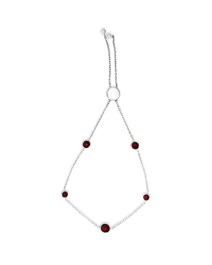 .925 Sterling Silver Bezel Set Red Garnet 5 Station Adjustable Bolo Bracelet