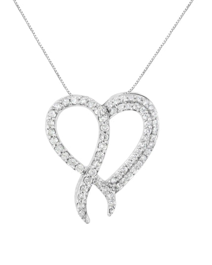 .925 Sterling Silver 1 cttw Diamond Heart and Ribbon 18" Pendant Necklace (I-J Clarity, I2-I3 Color) - 18"