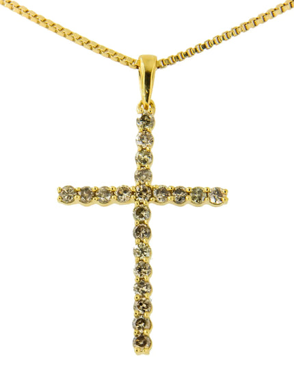 14K Yellow Gold Plated .925 Sterling Silver 1/2 Cttw Champagne Diamond Cross Pendant Necklace (K-L Color, I1-I2 Clarity) - 18"