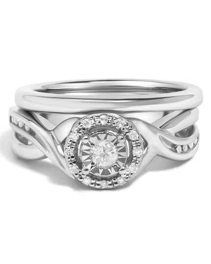 .925 Sterling Silver 1/7 Cttw Diamond Halo Bypass Engagement Ring and Wedding Band Set (I-J Color, I3 Clarity)