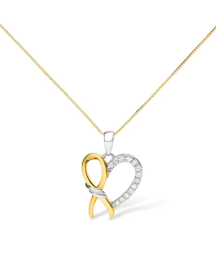 10K Yellow Gold Plated .925 Sterling Silver 1/5 Cttw Diamond Ribbon Heart Pendant Necklace (H-I Color, I2-I3 Clarity) - 18"