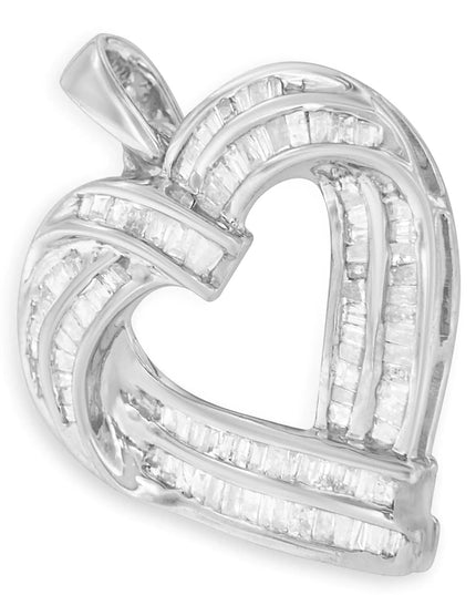 Sterling Silver 7/8 cttw Baguette Diamond Heart Pendant Necklace (I-J, I2-I3)