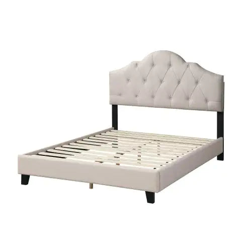1pc Queen Size Upholstered Bed – Adjustable Headboard, Light Brown Tufted Polyfiber, Wooden Frame