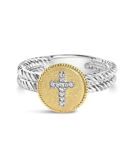 18K Yellow Gold Plated .925 Sterling Silver Diamond Cross Ring with Satin Finish (I-J Color, SI1-SI2 Clarity)