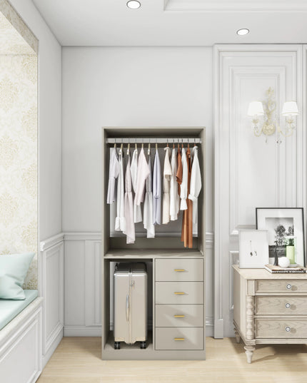 Grey Walk-In Closet Organizer System – 4 Drawers, Shelves, Hanging Rod with Metal Handles, 31.5"W × 15.7"D × 70.8"H