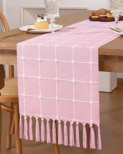 Linen Table Runner 36\" Checkered With Tassels Pink