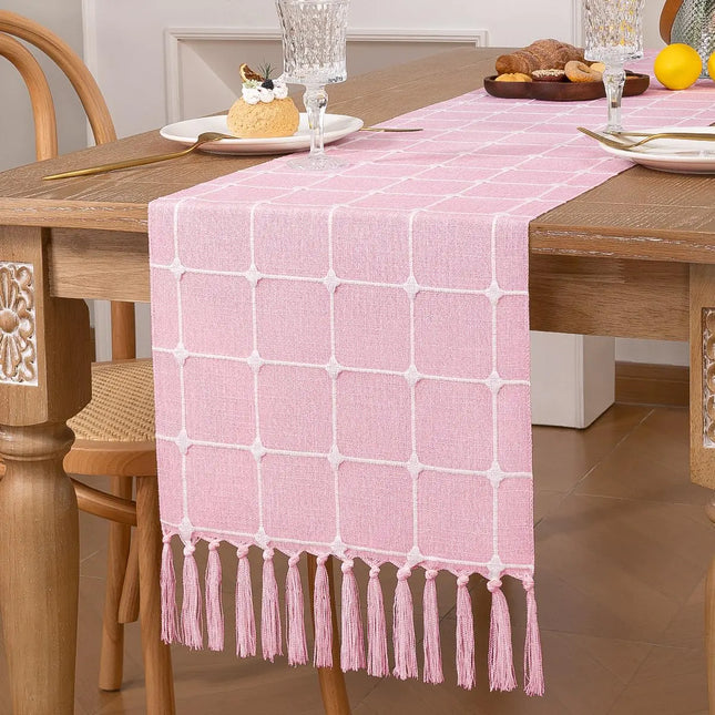 Linen Table Runner 36\" Checkered With Tassels Pink