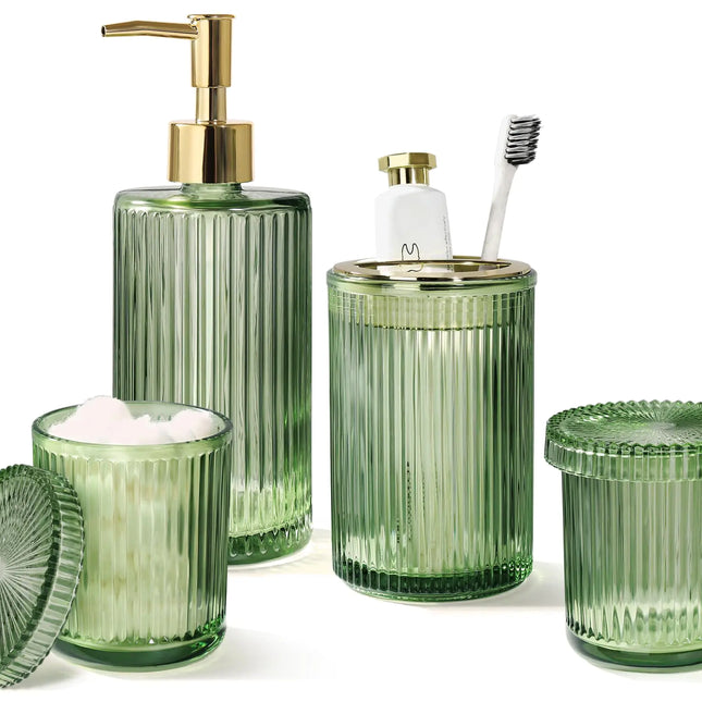 Green Glass Bathroom Accessories 4 Pcs Green Bathroom Set Green Soap Dispenser and Toothbrush Holder Set Qtip Holder Set Vintage Green Bathroom Sink Set Cute Bathroom Decor