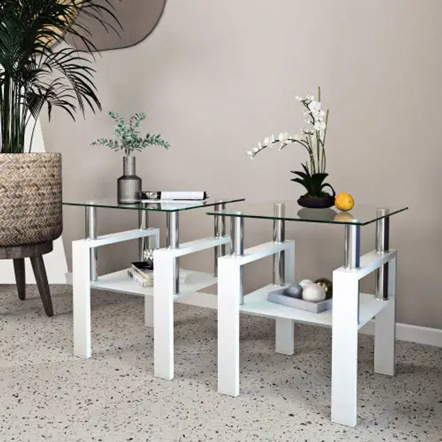 2-piece Modern Tempered Glass End Table Set, Square, Transparent White
