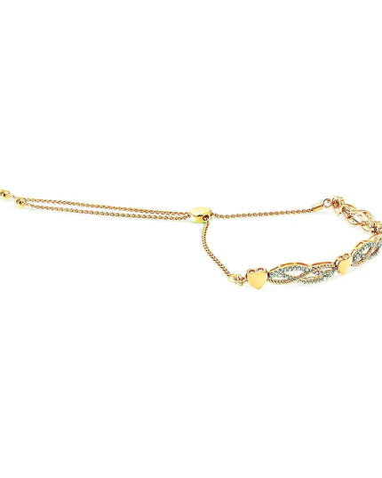 14K Yellow Gold Plated .925 Sterling Silver 1/10 Cttw Diamond Wave and Hearts Bolo Bracelet (I-J Color, I2-I3 Clarity) - 4"-10" Adjustable