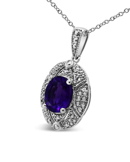 .925 Sterling Silver Diamond Accent and 9x7mm Purple Oval Amethyst Gemstone Pendant 18" Necklace (I-J Color, I1-I2 Clarity)