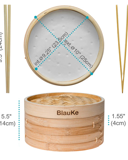 Bamboo Steamer 2-tier 10 Inch With Chopsticks, Tongs, 50 Liners