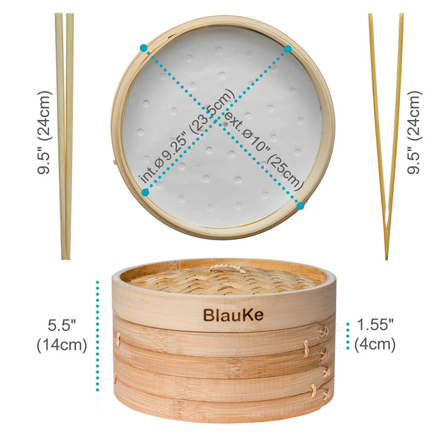 Bamboo Steamer 2-tier 10 Inch With Chopsticks, Tongs, 50 Liners