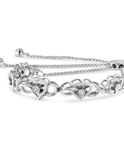 .925 Sterling Silver Miracle Set Diamond Accented Infinity Hearts 6”-9” Adjustable Bolo Bracelet (H-I Color, I2-I3 Clarity)