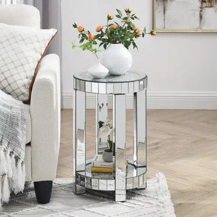 Round Mirror Table With Crystal Inlay
