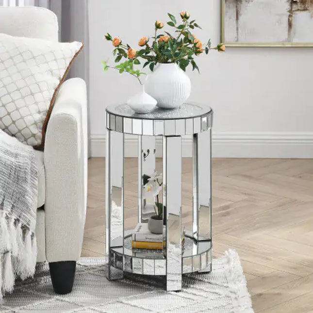 Round Mirror Table With Crystal Inlay