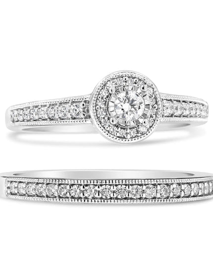 .925 Sterling Silver 1/2 Ctw Diamond Halo and Milgrain Engagement Ring Bridal Set (I-J Color, I3 Clarity)