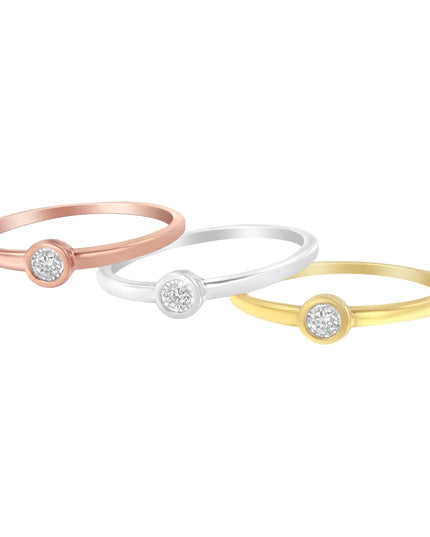 Tri-Color 14K Gold Plated .925 Sterling Silver 1/6 Cttw Round Miracle-Set Diamond Stacking Promise Ring Set (J-K Color, I1-I2 Clarity)