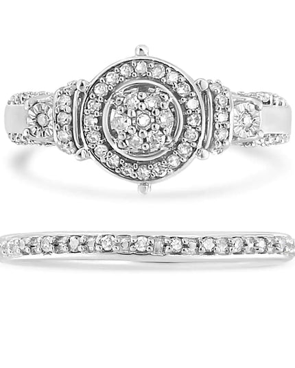 .925 Sterling Silver 1/3 Cttw Diamond 7 Stone Cluster and Halo Engagement Ring and Wedding Band Set (I-J Color, I1-I2 Clarity)