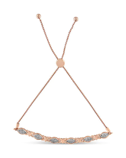 .925 Sterling Silver Diamond Accent Alternating Marquise Shape and Heart Links Bolo Bracelet (I-J Color, I3 Clarity) - Adjustable 6" to 9"