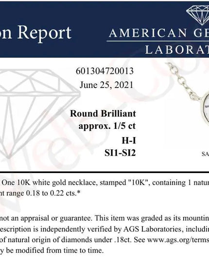 AGS Certified 10K Gold Bezel Set Round Diamond Solitaire 16-18" Adjustable Pendant Necklace (H-I Color, SI1-SI2 Clarity)