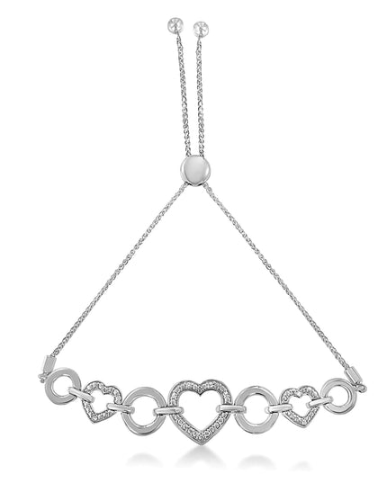 .925 Sterling Silver 1/10 Cttw Round-Cut Diamond Heart-Link Adjustable Bolo Bracelet ( H-I Color, I2-I3 Clarity) - 6"-9" Adjustable