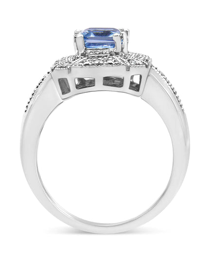.925 Sterling Silver Diamond Accent and 8X6 mm Emerald-Shape Blue Topaz Ring (I-J Color, I2-I3 Clarity)