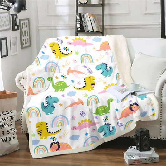 Dinosaur Sherpa Throw Blanket for Kids – Colorful Cartoon Dino Fleece Blanket, Soft & Fuzzy, 50x60 Inches, for Toddlers, Sofa, Bed, or Couch