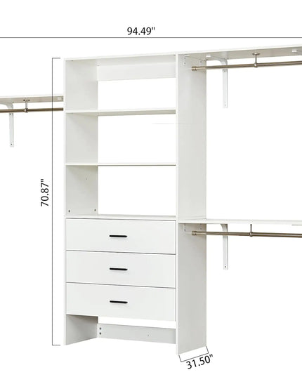 White Wooden Closet Organizer System – Wall-Mounted Shelves, Drawers & Hanging Rod for Clothes Storage