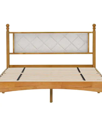 Solid Rubberwood Bed Frame, Fabric Upholstered Headboard, Wooden Central Support