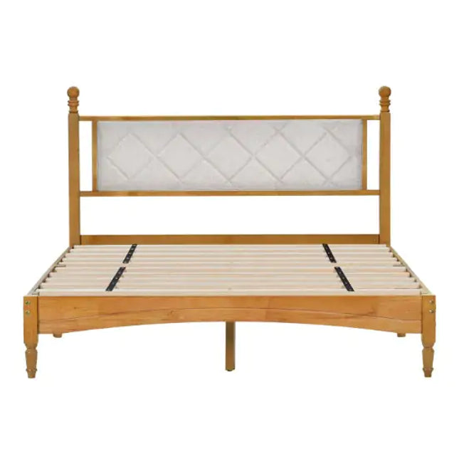 Solid Rubberwood Bed Frame, Fabric Upholstered Headboard, Wooden Central Support