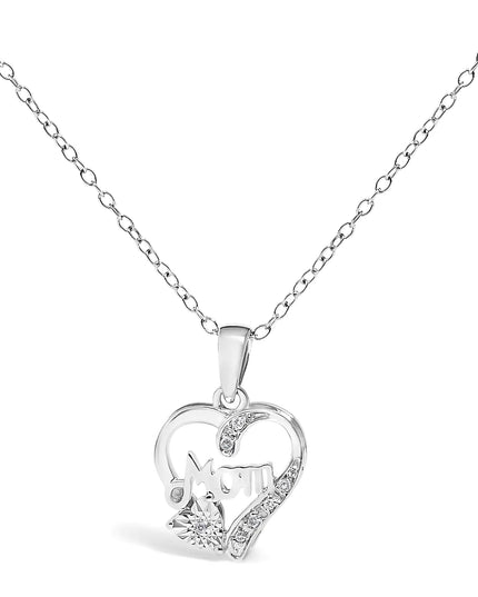 .925 Sterling Silver Diamond Accent Mom with Heart Pendant Necklace (J-K Color, I2-I3 Clarity) - 18" Inches