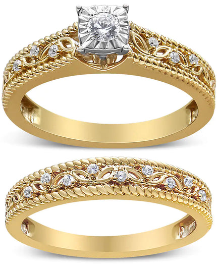 14K Yellow Gold Plated .925 Sterling Silver 1/5 Cttw Diamond Art Deco Style Engagement Ring Bridal Set (I-J Color, I3 Clarity)