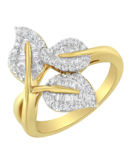 18K Yellow and White Gold Plated .925 Sterling Silver 3/8 Cttw Baguette and Round Diamond Bypass Triple Leaf Ring (I-J Color, I1-I2 Clarity)