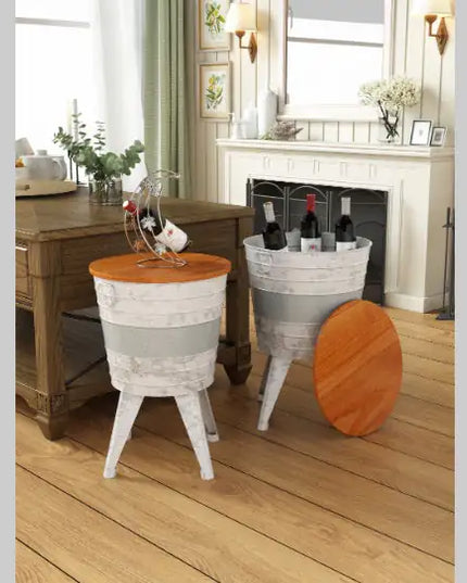 Distressed Metal Cocktail Table, Wood Top, Black, Set Of 2