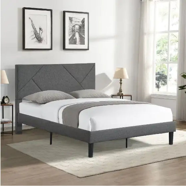Upholstered Platform Bed Frame, Full Size, Grey