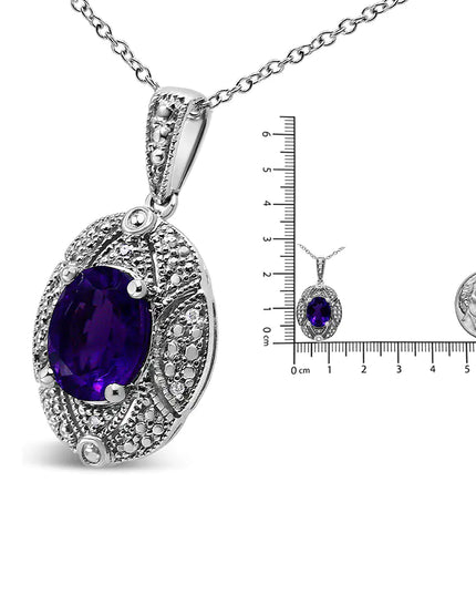 .925 Sterling Silver Diamond Accent and 9x7mm Purple Oval Amethyst Gemstone Pendant 18" Necklace (I-J Color, I1-I2 Clarity)