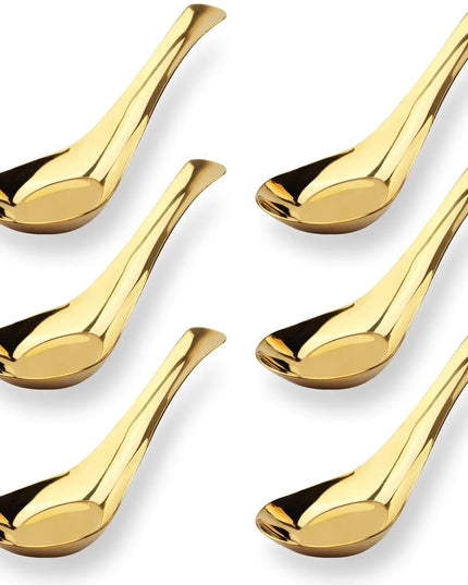 Set Of 6 Stainless Steel Asian Soup Spoons For Ramen Pho Wonton - Gold