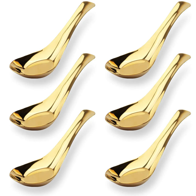 Set Of 6 Stainless Steel Asian Soup Spoons For Ramen Pho Wonton - Gold