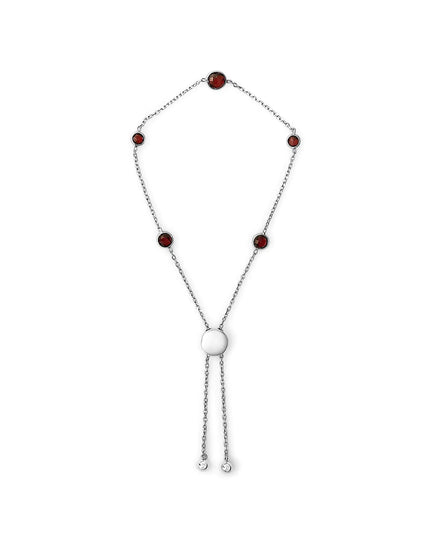 .925 Sterling Silver Bezel Set Red Garnet 5 Station Adjustable Bolo Bracelet
