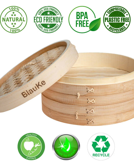 Bamboo Steamer 2-tier 10 Inch With Chopsticks, Tongs, 50 Liners