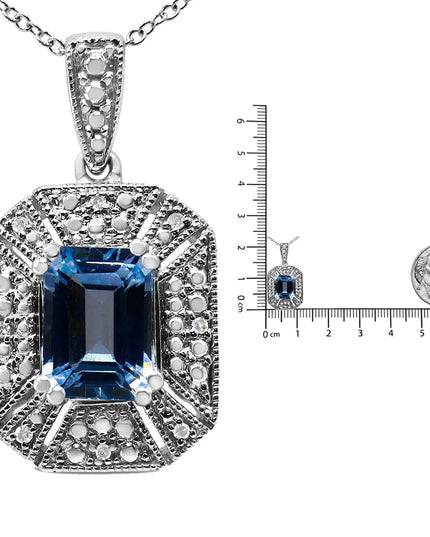 .925 Sterling Silver Blue Topaz and Diamond Accent Art Deco Style 18" Pendant Necklace (I-J Color, I1-I2 Clarity)