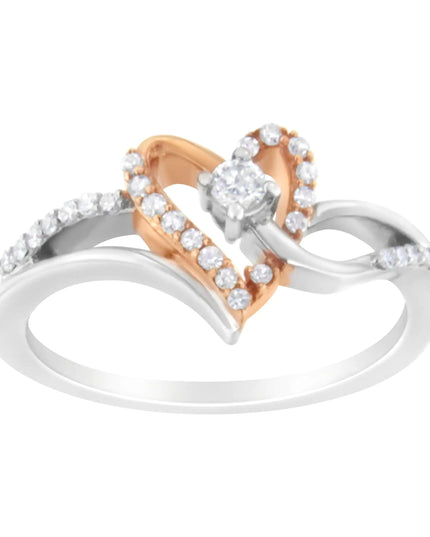 10K Rose Gold Plated .925 Sterling Silver 1/5 Cttw Diamond Two Tone Open Heart Promise or Fashion Ring (I-J Color, I2-I3 Clarity)