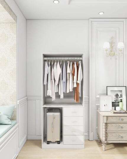 White Wooden Closet System – Standalone Wardrobe with 4 Drawers, Hanging Rod, 31.5"W × 15.7"D × 70.8"H
