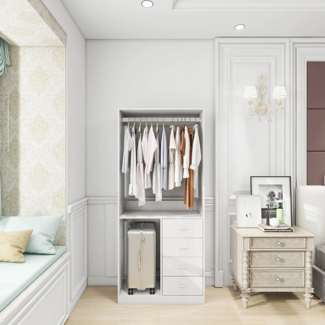 White Wooden Closet System – Standalone Wardrobe with 4 Drawers, Hanging Rod, 31.5"W × 15.7"D × 70.8"H
