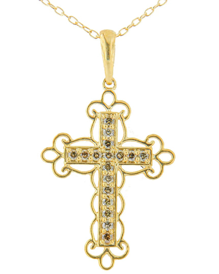 10K Yellow Flashed .925 Sterling Silver 1/4 Cttw Champagne Diamond Filigree Cross Pendant Necklace (K-L Color, I1-I2 Clarity) - 18"