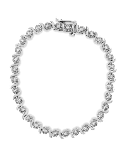 .925 Sterling Silver 1.0 Cttw Diamond Spiral Wave Curved-Link 7" Tennis Bracelet (I-J Color, I3 Clarity)