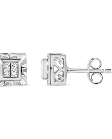 .925 Sterling Silver 1/6 Cttw Invisible Set Princess-Cut Diamond Quad Composite Stud Earrings (H-I Color, I1-I2 Clarity)