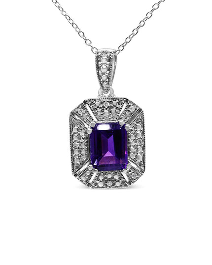 .925 Sterling Silver Purple Amethyst and Diamond Accent Art Deco Style 18" Pendant Necklace (I-J Color, I1-I2 Clarity)