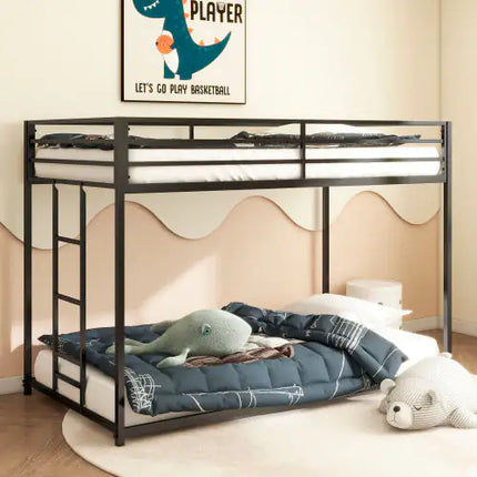 Sturdy Twin Over Twin Bunk Bed Metal Black, Low Profile With Ladder And Guardrails